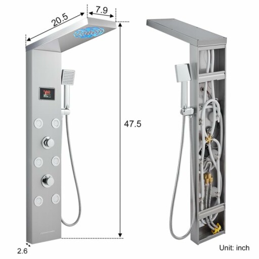 Modern shower panel system with digital display and multiple spray settings.