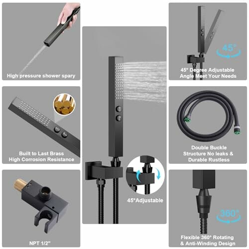 Adjustable shower head set with various features including high pressure spray, brass construction, and flexible hose.