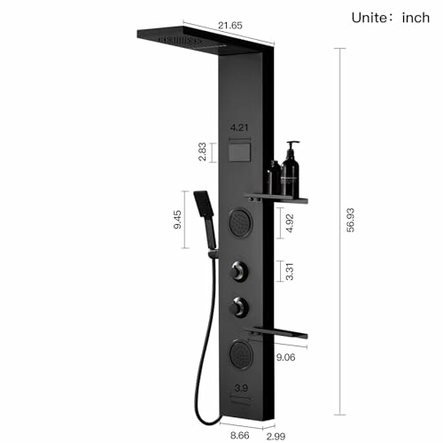 Black shower panel with dimensions in inches.