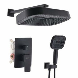 Black shower set with overhead and handheld showerheads.