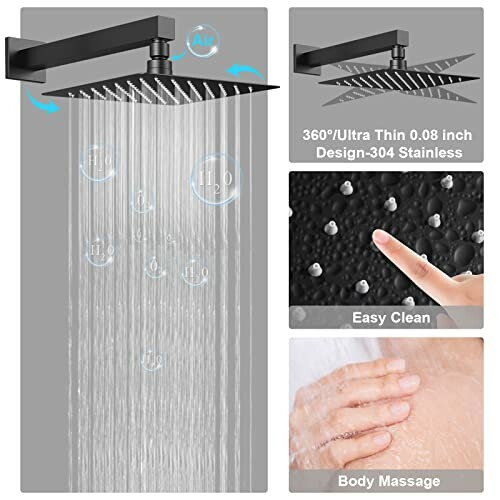 Black square shower head with water flow and features like easy clean and body massage.