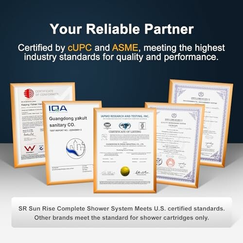 Image showing multiple framed certification documents for quality and performance standards.
