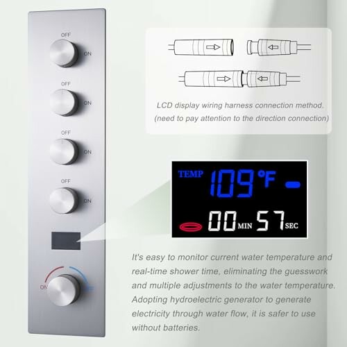 Digital shower control panel with temperature and time display.