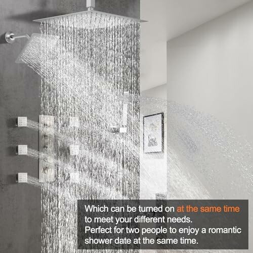 Dual shower head system with water flowing in a modern bathroom.