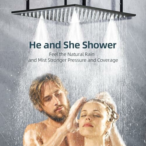 A couple enjoying a dual shower head with strong water pressure.