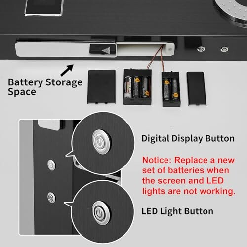 Electronic lock with battery storage space and digital display button.