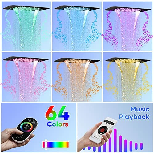 LED color-changing showerhead with remote control and music playback.