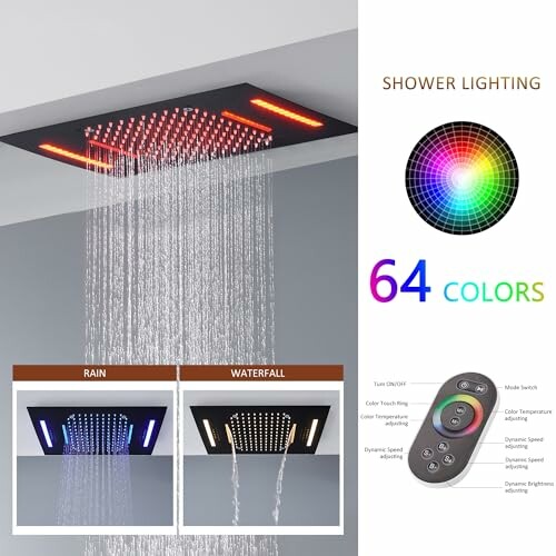 LED shower lighting system with multiple colors and remote control.