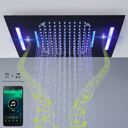 Modern shower head with LED lights and Bluetooth music integration.