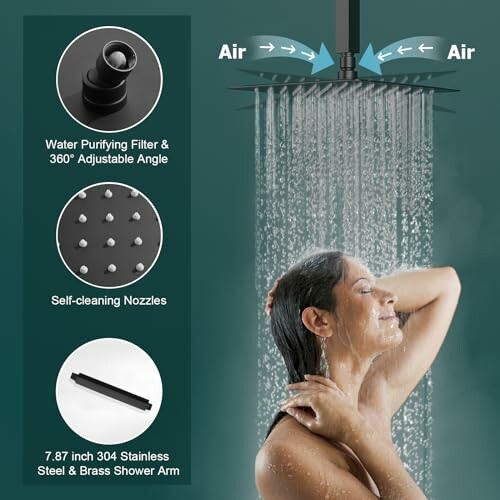Woman enjoying a rain shower with water purifying filter and adjustable angle features.
