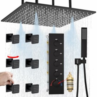 Luxury shower system with multiple jets and rainfall showerhead.