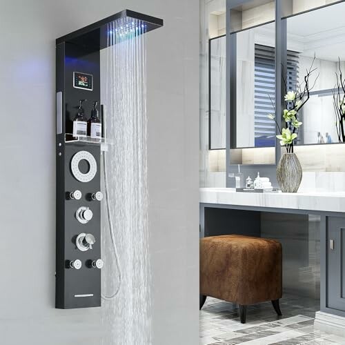 Sleek shower panel with multiple settings in a modern bathroom.