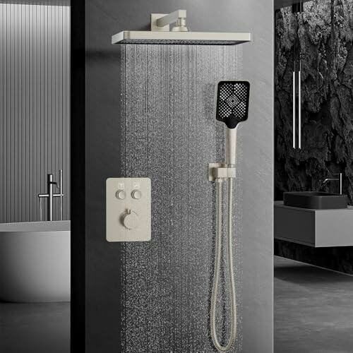 Contemporary shower system with square rain showerhead and handheld spray in a modern bathroom.