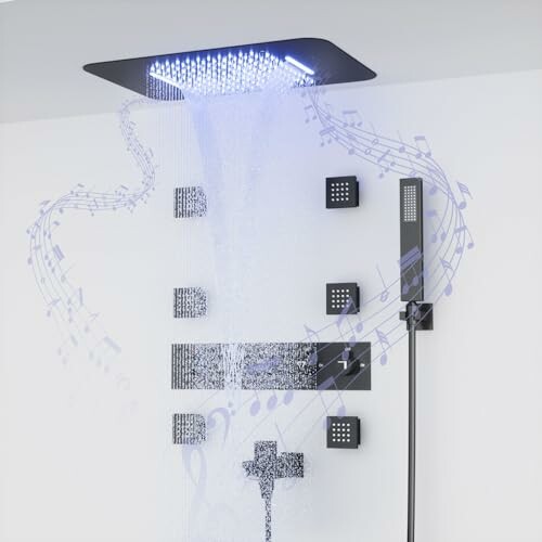 Modern shower with musical notes and LED lighting.