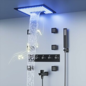 Modern shower system with LED-lit rainfall shower head and digital controls.
