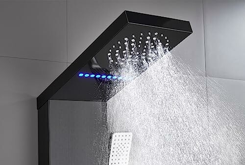 Modern shower head with LED lights and water spraying.
