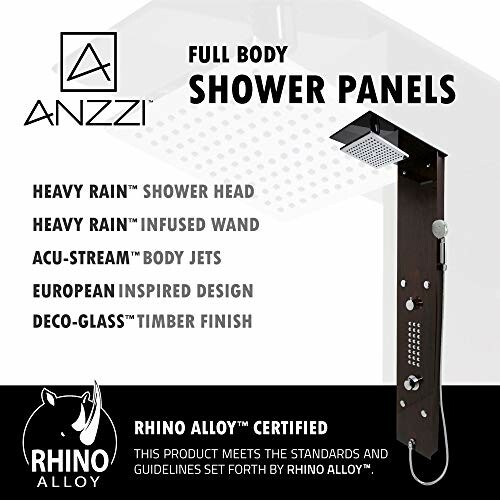 Ad for Anzzi full body shower panel with features listed.