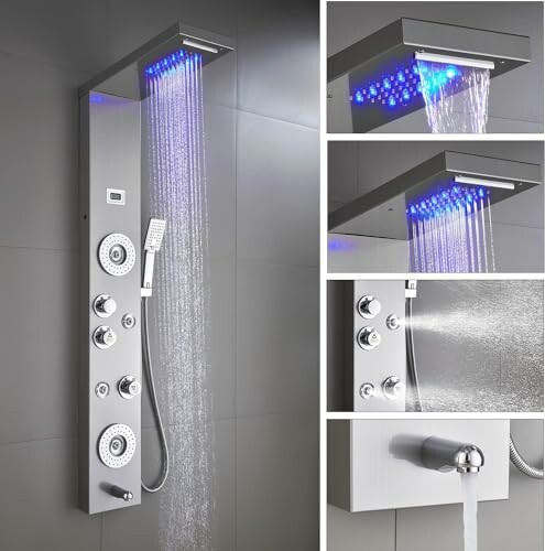 Modern shower panel system with LED lights and multiple water settings.
