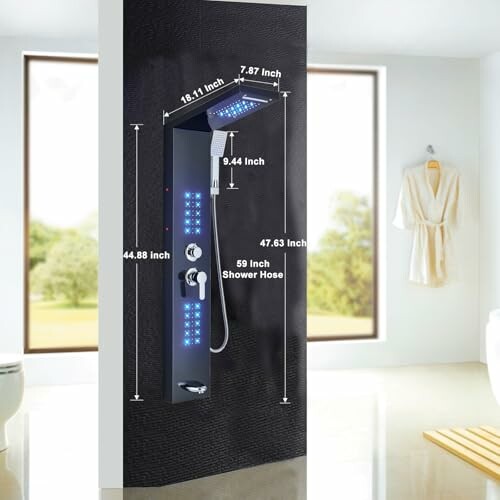 Modern shower panel with dimensions labeled in a bathroom setting.