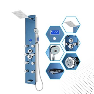 Modern blue shower panel system with multiple controls and digital display.