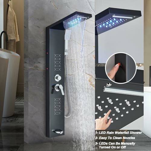 Modern shower panel with LED lights and waterfall feature.