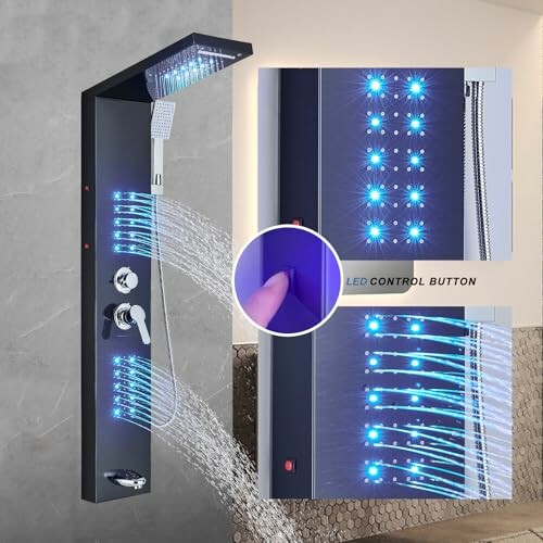 Modern shower panel with LED lights and control button.
