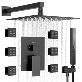 Modern shower system with rainfall head and multiple spray nozzles.