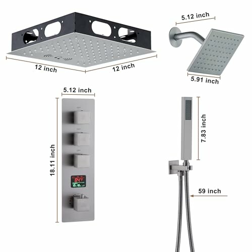 Modern shower system with rainfall head, handheld shower, and control panel with dimensions.