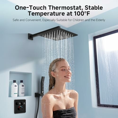 Person enjoying a shower with one-touch thermostat at 100°F.