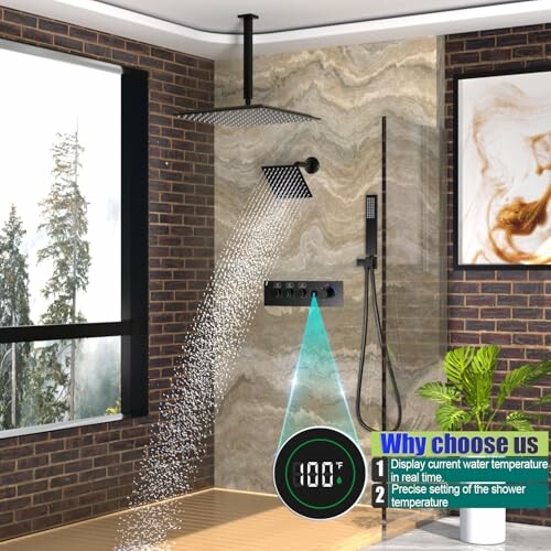 Modern shower with digital temperature display and brick wall design.