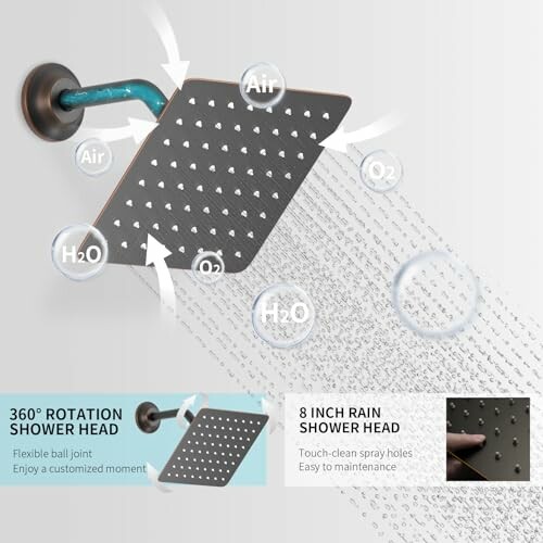 Diagram of a rain shower head with air and water flow indicators.