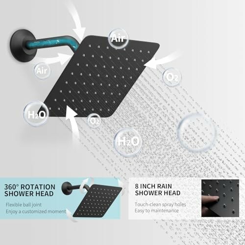 Black rain shower head with water flow demonstration showing air and water mixing for customized shower experience.