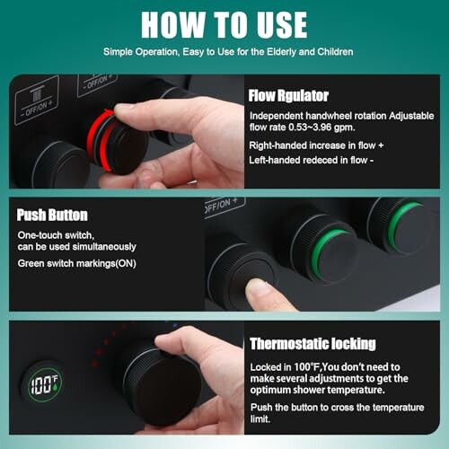 Instructions for using a shower control panel with flow regulator, push button, and thermostatic locking features.