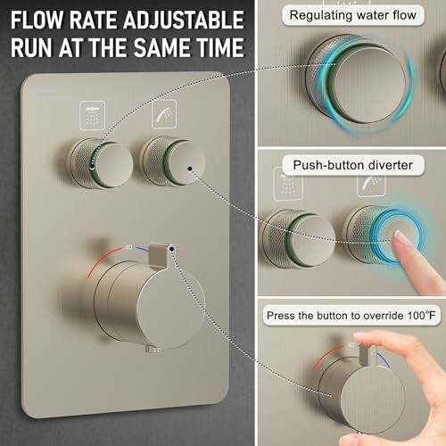 Shower control panel with adjustable flow rate and temperature.