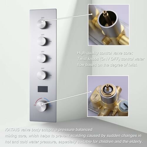 Shower control valve panel with twist knobs and pressure balance feature.