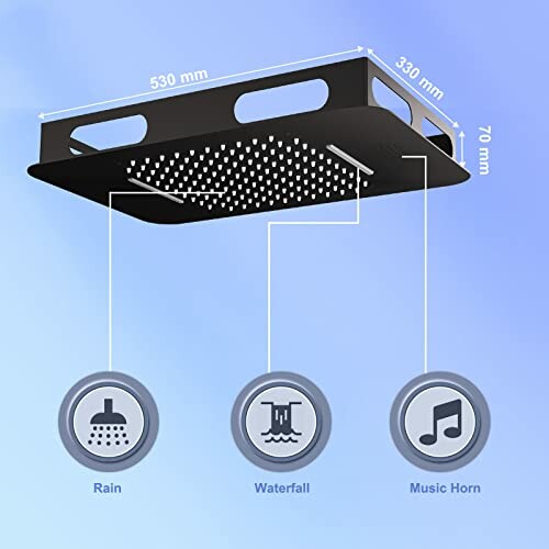 Illustration of a multifunctional shower head with rain, waterfall, and music features, including dimensions.