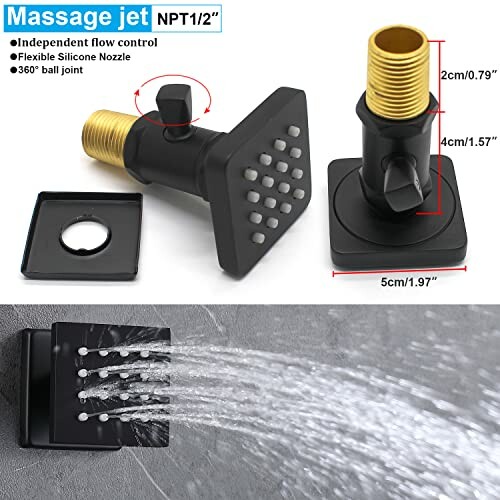 Shower massage jet with flow control and silicone nozzles.