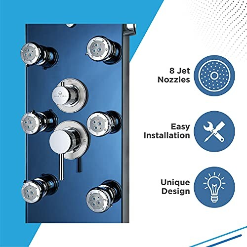 Shower panel with 8 jet nozzles, easy installation, unique design.