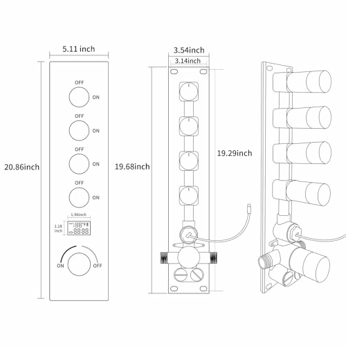 Diagram showing dimensions of a shower panel with control knobs and digital display.