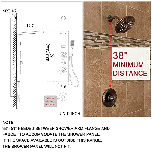 Shower panel installation guide showing dimensions and minimum distance requirements.