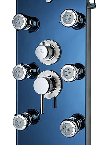 Shower panel with multiple adjustable nozzles and controls.