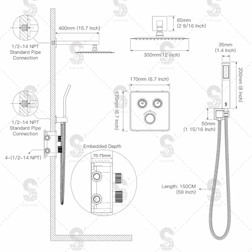 Technical diagram of a shower system with dimensions.