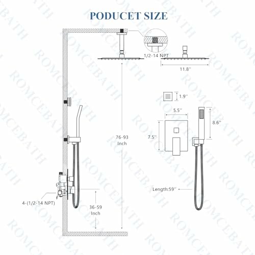 Diagram showing shower system dimensions and components.
