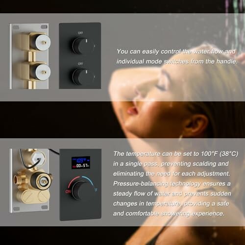 Shower control panel with temperature and flow adjustment knobs.