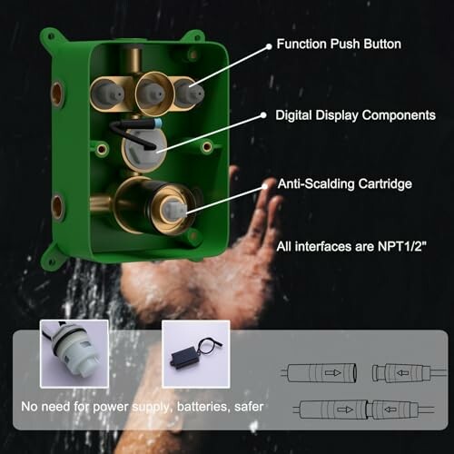 Shower valve assembly with function push button, digital display, and anti-scalding cartridge, shown with water splash background.