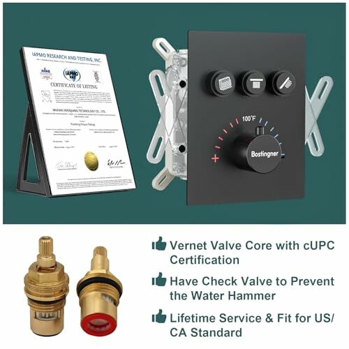 Shower valve kit with certification, featuring Vernet valve core and check valve.