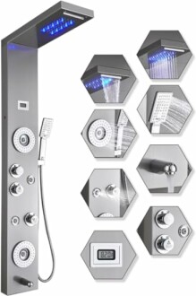 Stainless steel shower panel with multiple functions and LED display.