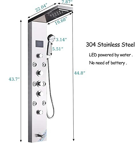 304 stainless steel shower panel with LED display and multiple controls.