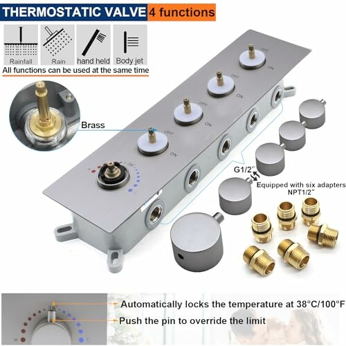 Thermostatic valve control panel with multiple functions and brass components.